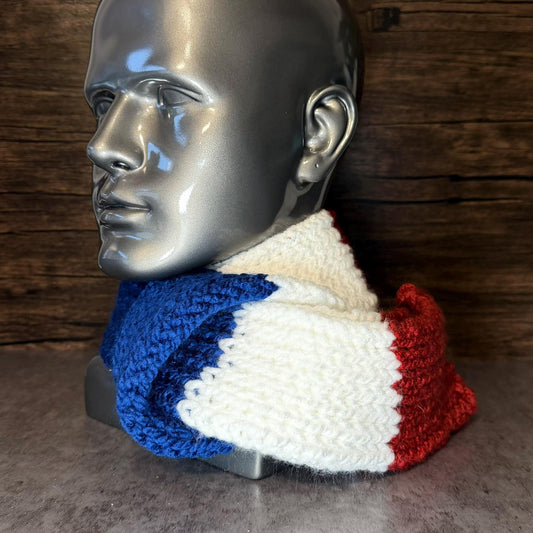 Red White Blue Hand Knit Scarf, Acrylic Winter Wrap, Football Inspired Cozy Accessory