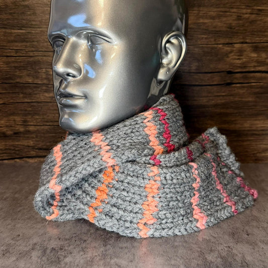 Gray Knit Scarf | Red Orange Pink Colorblock Wrap | Handmade Cozy Winter Accessory
