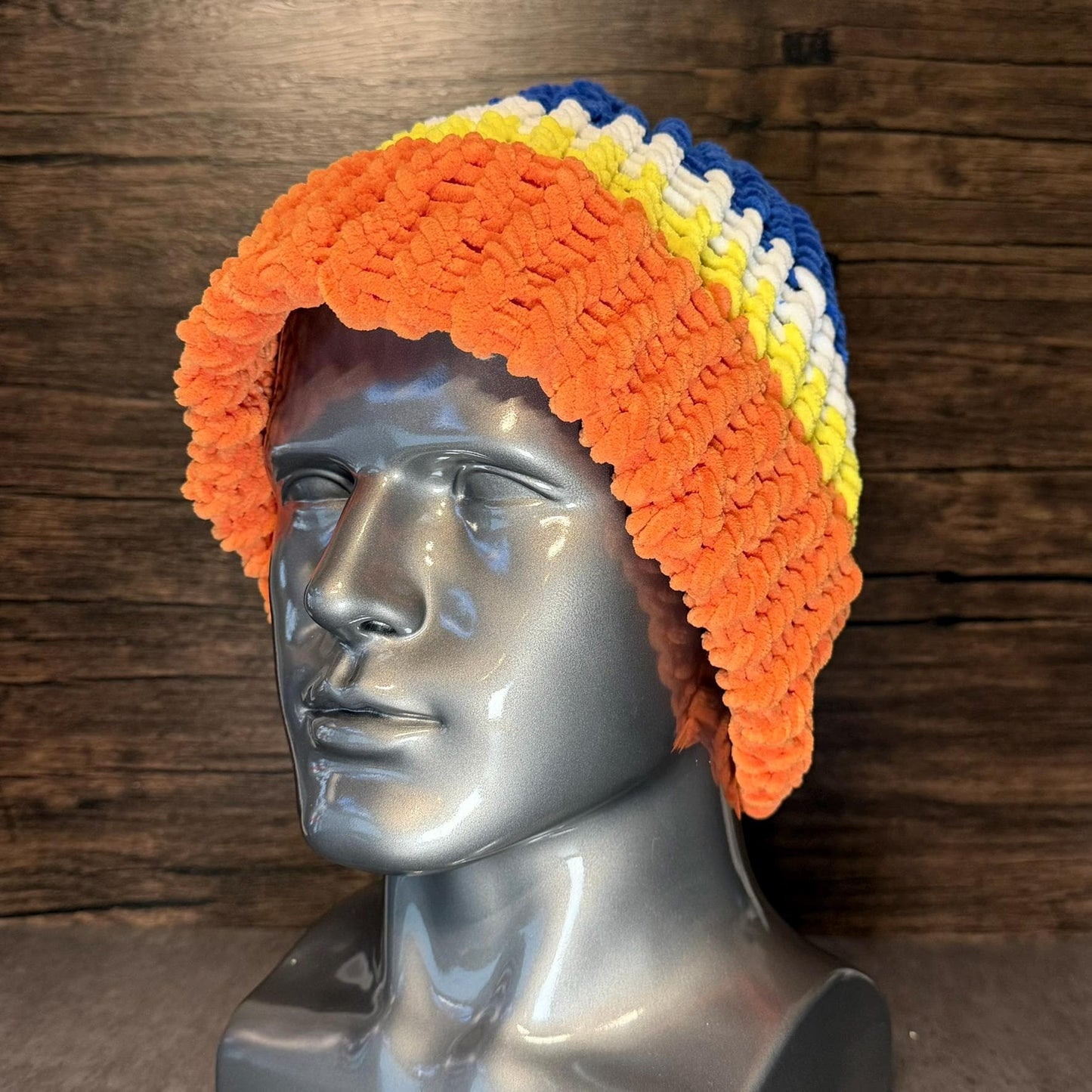 Cartoon Inspired Knit Beanie | Orange Yellow Blue Winter Hat | Handmade Cozy Gift