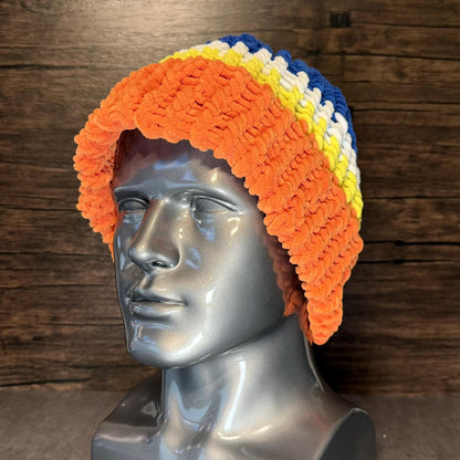 Cartoon Inspired Knit Beanie | Orange Yellow Blue Winter Hat | Handmade Cozy Gift