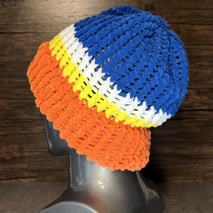 Cartoon Inspired Knit Beanie | Orange Yellow Blue Winter Hat | Handmade Cozy Gift