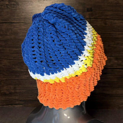Cartoon Inspired Knit Beanie | Orange Yellow Blue Winter Hat | Handmade Cozy Gift