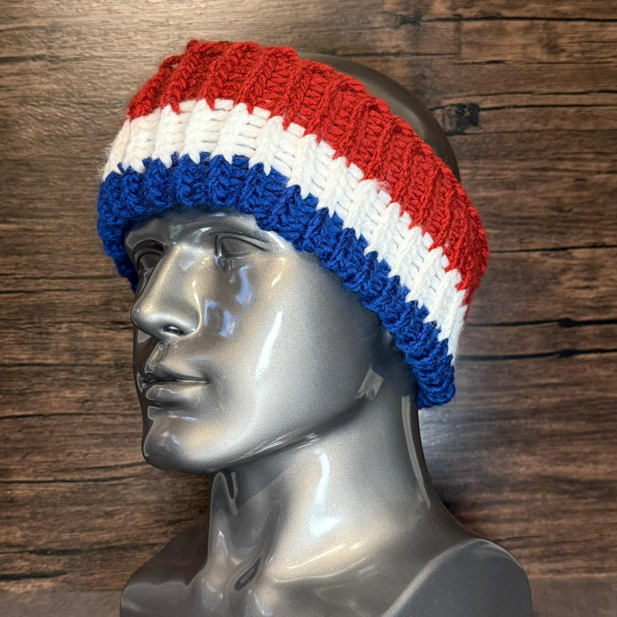 Buffalo Football Inspired Hand Knit Head Wrap Red White Blue Winter Ear Warmer