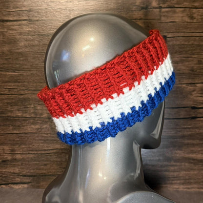 Buffalo Football Inspired Hand Knit Head Wrap Red White Blue Winter Ear Warmer