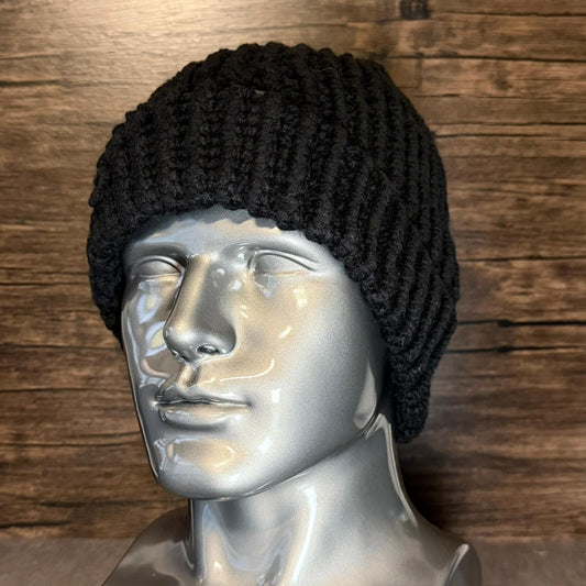 Black Hand Knit Beanie, Acrylic Winter Hat, Cozy Chunky Neutral Warm Accessory