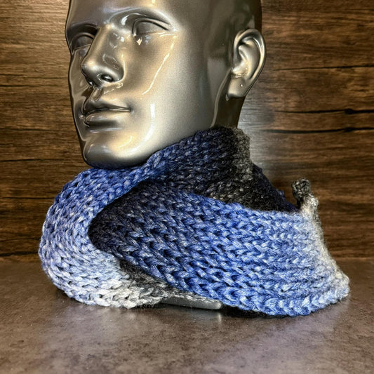 Blue White Gray Hand Knit Scarf, Acrylic Winter Wrap, Cozy Neutral Accessory