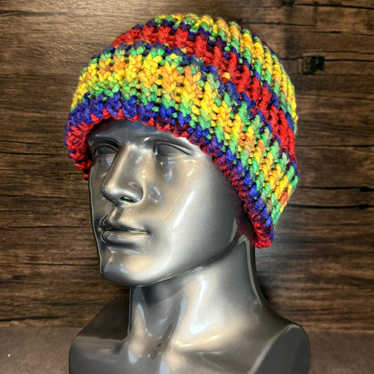 Rainbow Hand Knit Hat Beanie Colorful Winter Cozy Chunky Statement Accessory