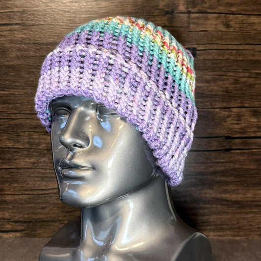 Handmade Pastel Rainbow Beanie Dreamy Colorful Cozy Soft Playful Winter Knit Accessories
