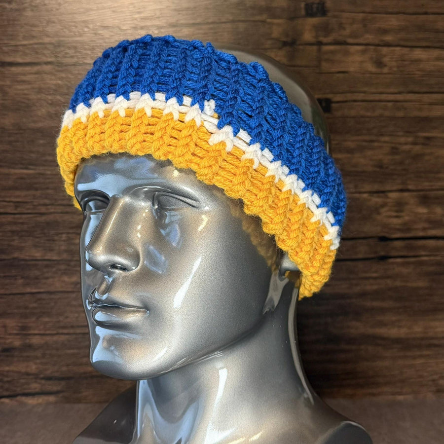 Buffalo Hockey Inspired Knit Headband Winter Ear Warmer Handmade Blue Gold White