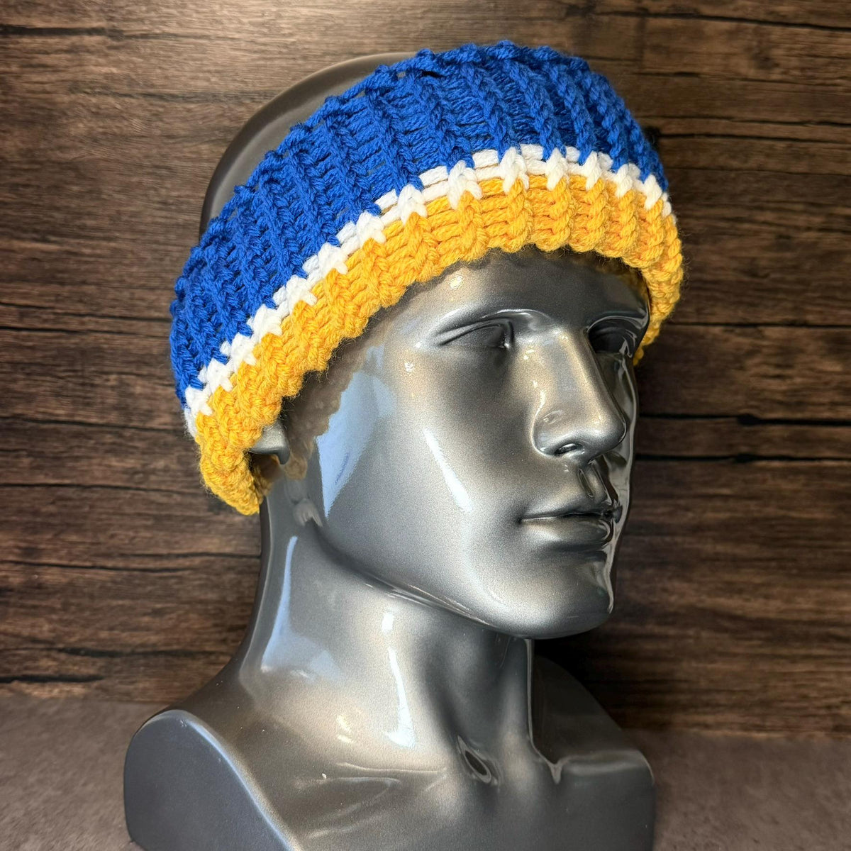 Buffalo Hockey Inspired Knit Headband Winter Ear Warmer Handmade Blue Gold White