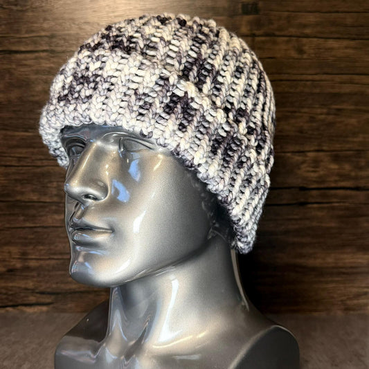 Hand Knit Black White Beanie Cozy Winter Hat Soft Stretchy Accessory
