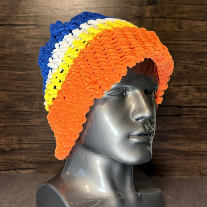 Cartoon Inspired Knit Beanie | Orange Yellow Blue Winter Hat | Handmade Cozy Gift