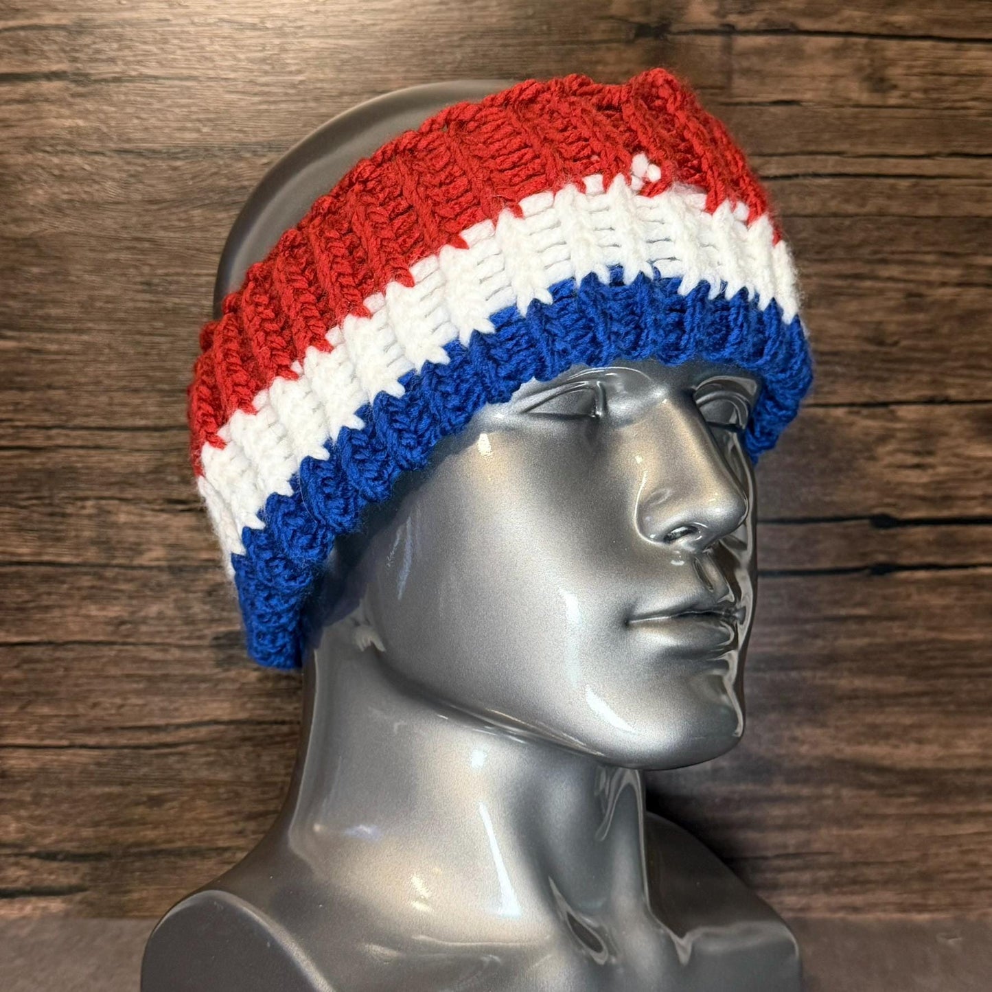 Buffalo Football Inspired Hand Knit Head Wrap Red White Blue Winter Ear Warmer
