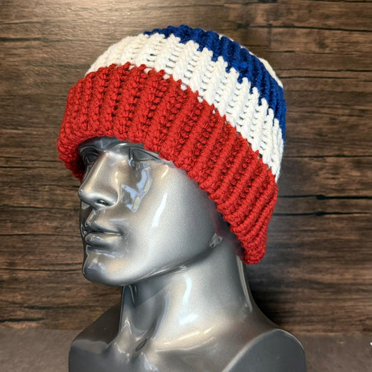 Red White Blue Hand Knit Hat, Acrylic Beanie, Football Inspired Winter Accessory