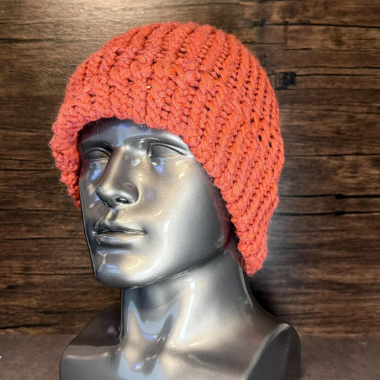Red Orange Hand Knit Hat Beanie Winter Cozy Chunky Warm Statement Accessory