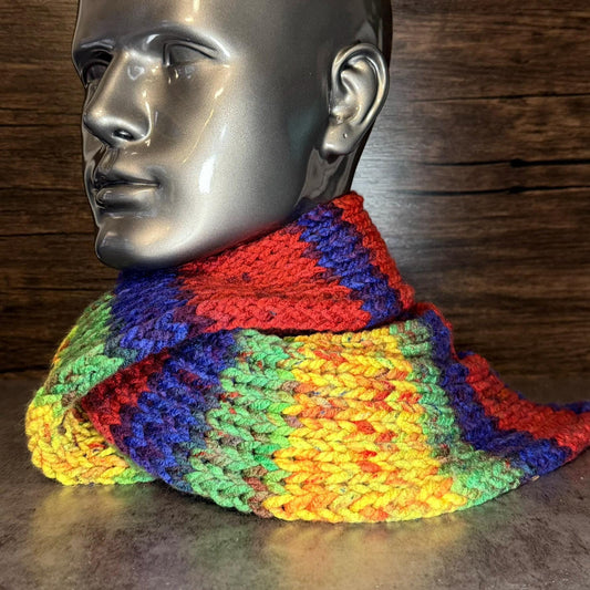 Rainbow Hand Knit Scarf Colorful Winter Wrap Cozy Chunky Statement Accessory
