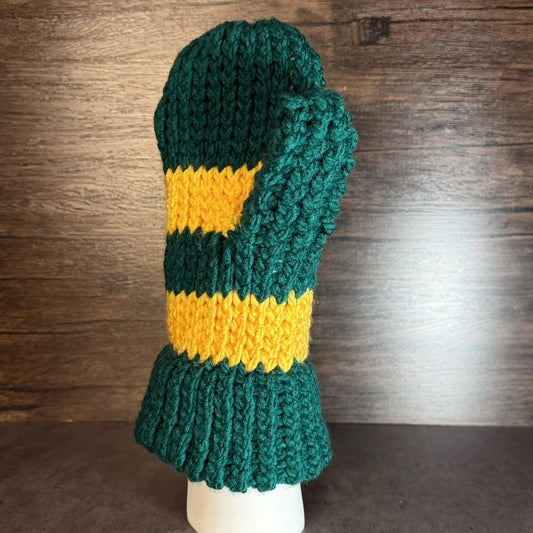 Handmade Green Gold Knit Mittens SUNY Inspired Memorial Cozy Winter Gloves Soft Warm