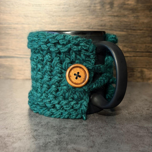 Adventure Knit Mug Wrap Handmade Forest Green Coffee Tea Cup Cozy Gift