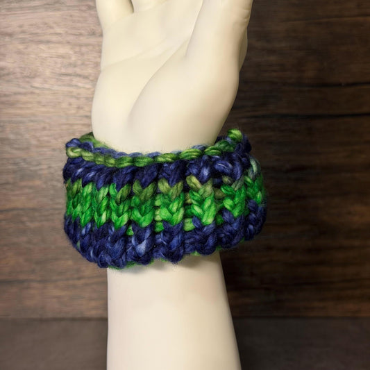 Handmade Blue & Green Scrunchie | Cozy Knit Hair Accessory | Soft Knit Ponytail Holder