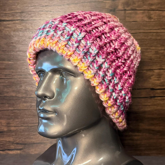 Watercolor Blossom Knit Hat Pink Multicolor Handmade Beanie Cozy Winter Gift Soft Stylish Warm