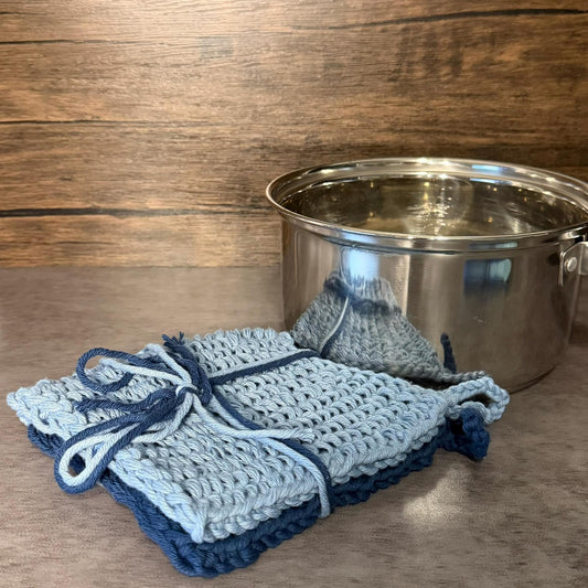 Harbor Mist Pot Holders Handmade Cotton Kitchen Hot Pads Blue Gift Set of 2