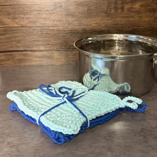 Blue Lagoon Pot Holders Handmade Cotton Kitchen Hot Pads Coastal Gift Set of 2