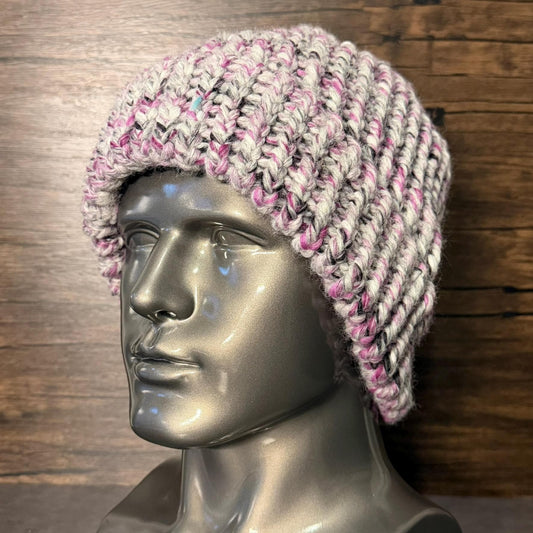 Wild Orchid Handmade Knit Beanie Winter Wool Blend Heather Gray Pink Cozy Warm Adult