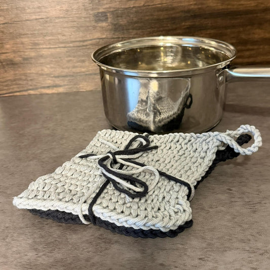 Handmade Loom Knitted Cotton Pot Holders – Black Gray Film Noir Kitchen Decor