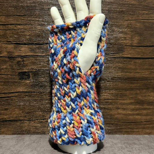 Rustic Skies Fingerless Gloves Knit Wool Blend Handmade Cozy Winter Fall Blue Warm Accessories