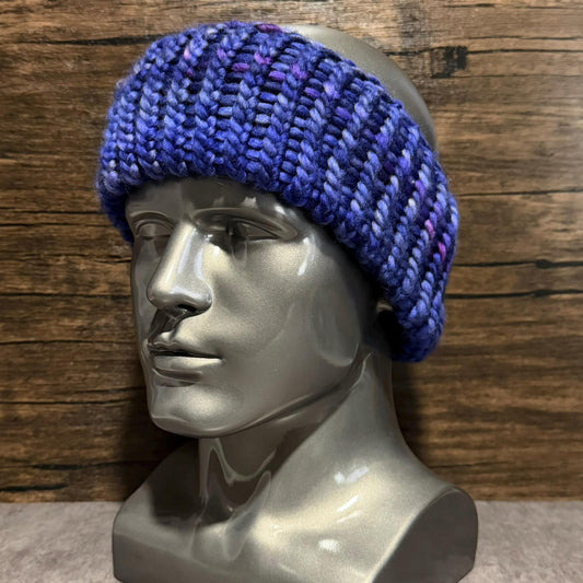 Hand Knit Merino Wool Head Wrap Blue Ear Warmer Bulky Cozy Winter Handmade Luxury